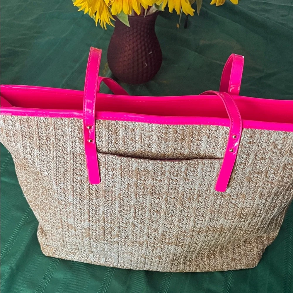 Betsey Johnson Stylish Pink Patent Leather and Tan Woven Women's Tote Bag - Picture 3 of 5